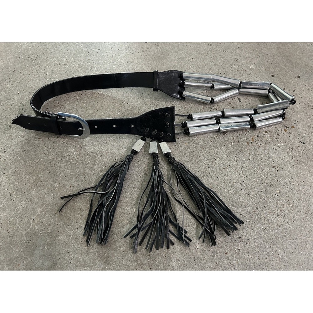 Barrel Bead & Tassel Black Leather Belt Boho Festival Biker Punk 34-40"